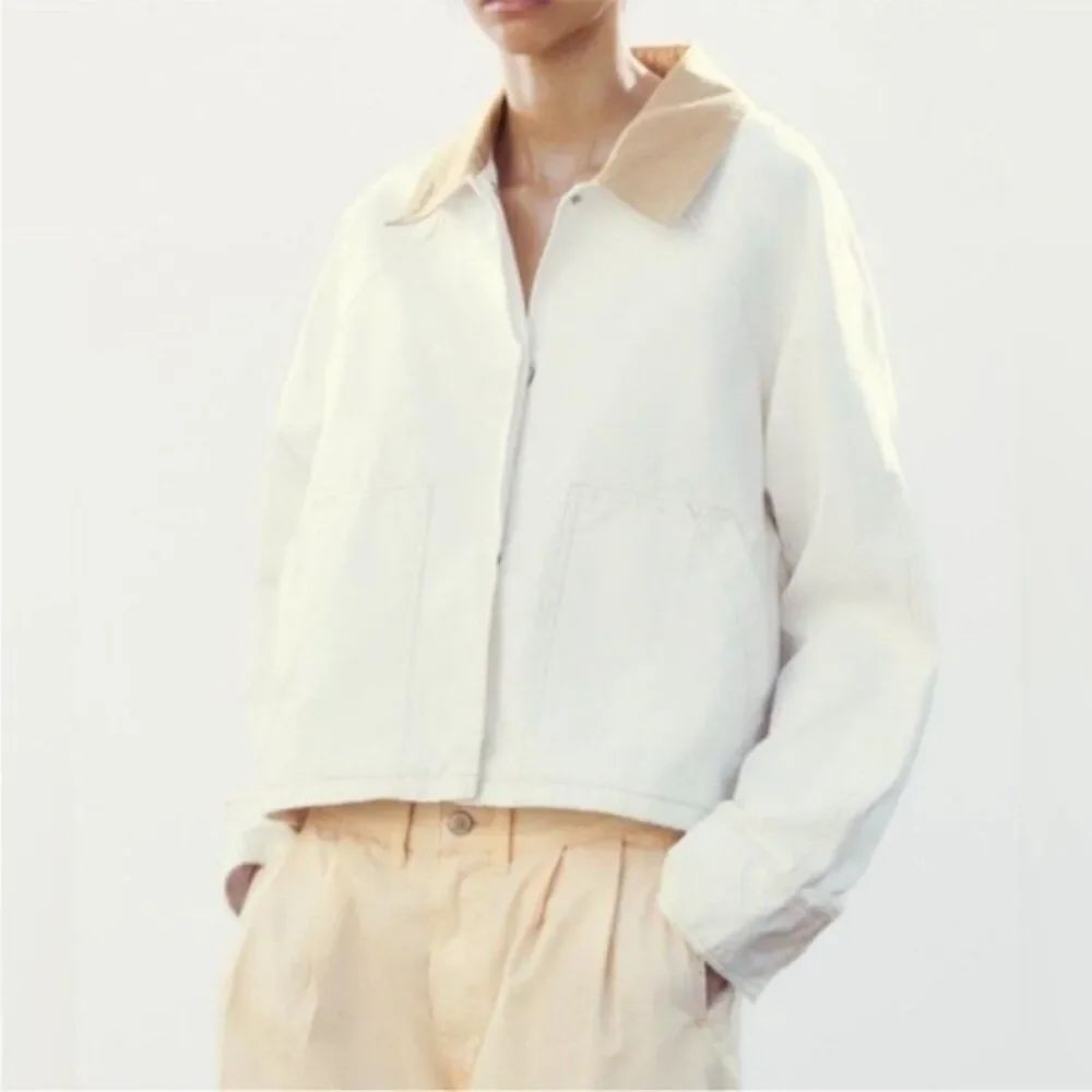 Zara Womens Waxed Jacket Size L White Contrast Collar Utility 4341/750 NWD - Picture 1 of 16